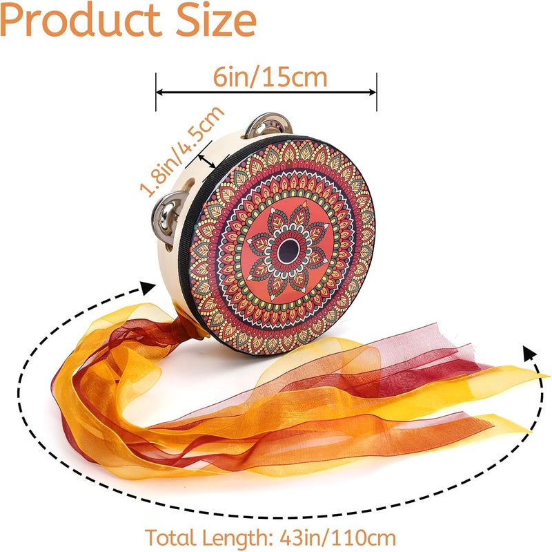 Youeon 4 Pack 6 Inch Colorful Tambourine with Single Row Jingles and Ribbons, Small Wooden Hand Held Drum, Percussion Gift, Tambourines for Adults, Dance, Photo Prop - Image 2